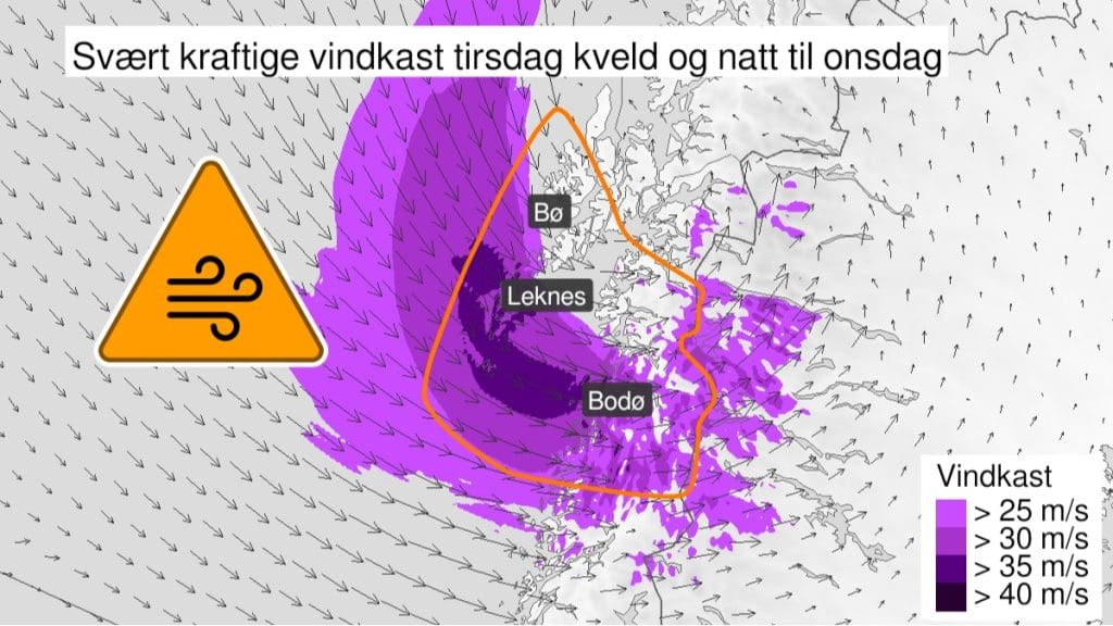 Vær varslings bilde for 29.10 til 30.10. Bildet viser kraftig vind som treffer Vest-Lofoten. Vinden minker sist i Vesterålen og Nord-Salten.