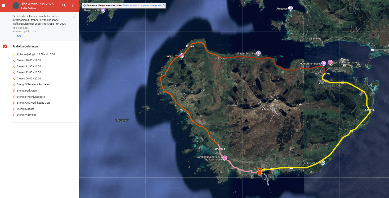 Google Maps kart som viser hvilke deler av veien som stenges til hvilket tidspunkt.