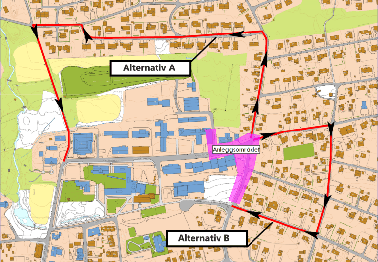 Kartutsnitt som viser Midlertidig stenging av Fjellveien og del av Mary Pettersens vei – alternative ruter for gående(Melbu)