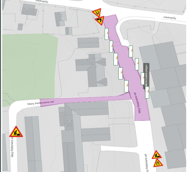 Kartutsnitt som viser veiarbeid mellom Fjellveien og Mari Pettersens vei